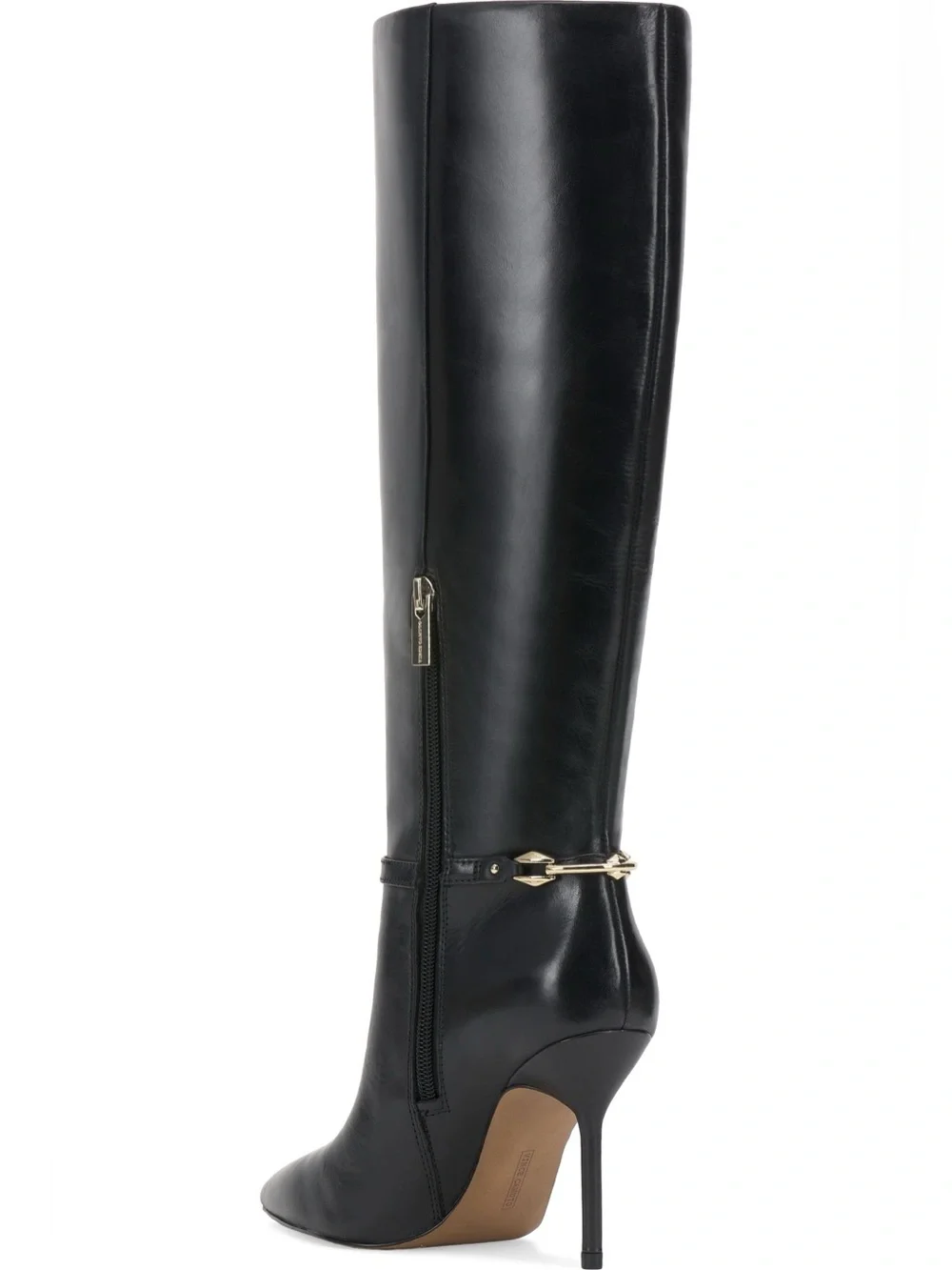 Women’s Black Knee-High Stiletto Boot with Gold Hardware